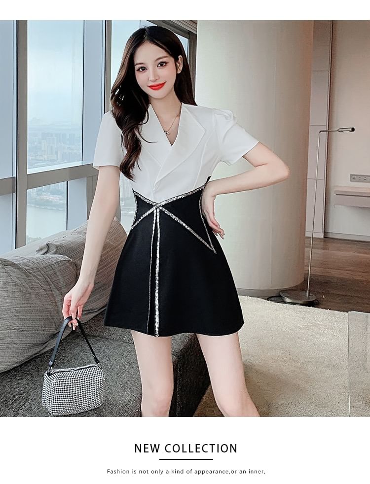 Lapel Collar Blouse + High Waist Sequin Contrast Skort Set