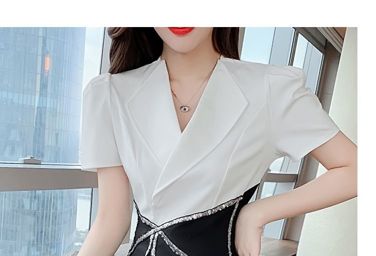 Lapel Collar Blouse + High Waist Sequin Contrast Skort Set
