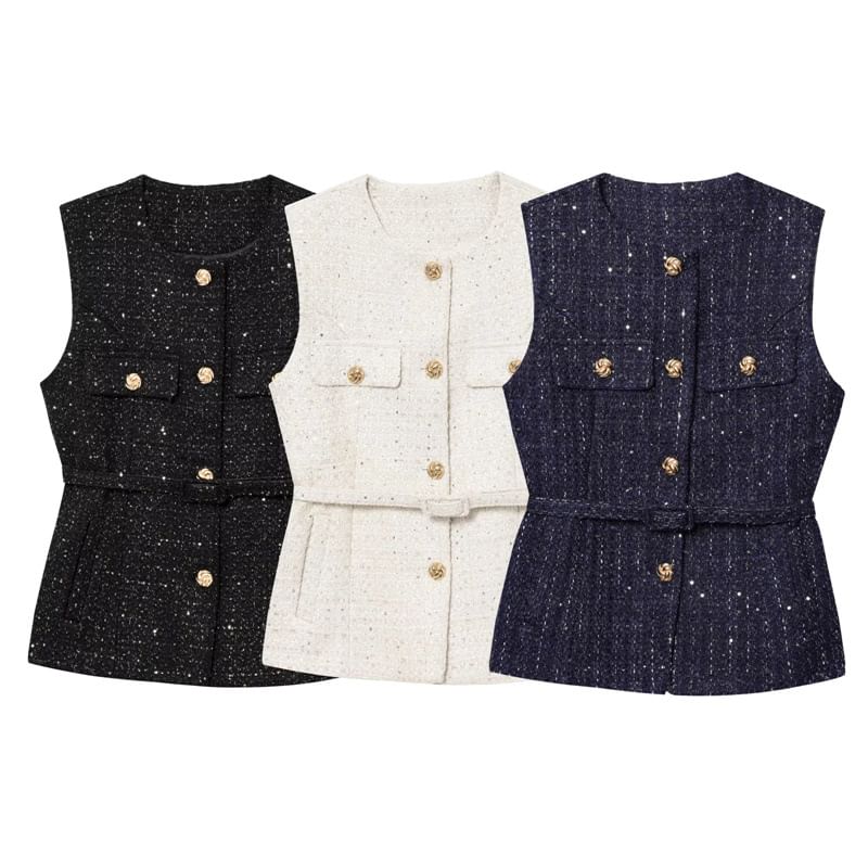 Sleeveless Round Neck Tweed Button Up Vest