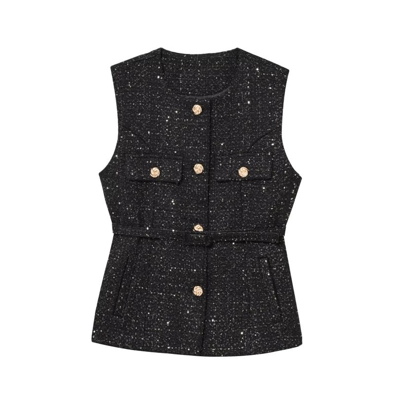 Sleeveless Round Neck Tweed Button Up Vest
