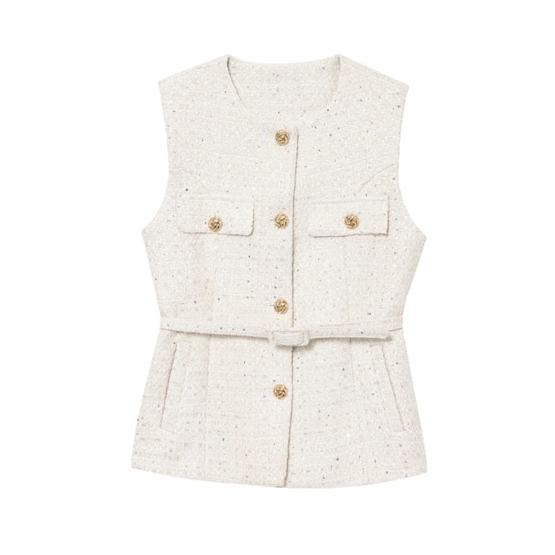 Sleeveless Round Neck Tweed Button Up Vest