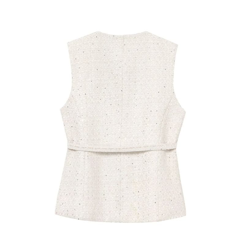 Sleeveless Round Neck Tweed Button Up Vest