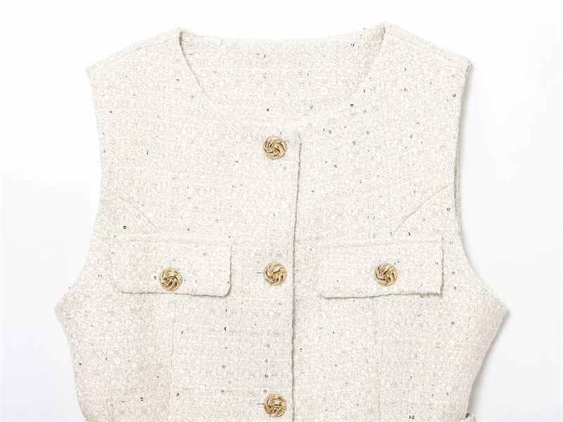 Sleeveless Round Neck Tweed Button Up Vest