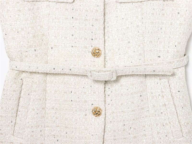 Sleeveless Round Neck Tweed Button Up Vest