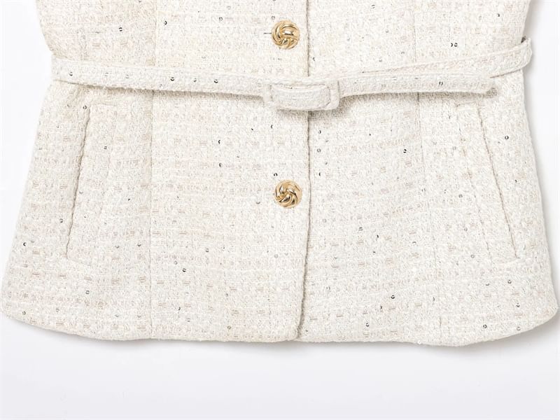 Sleeveless Round Neck Tweed Button Up Vest