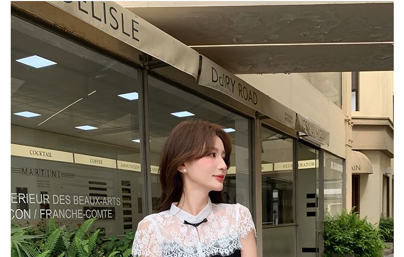 Collared Lace Two-Tone Top & Midi Skirt Set