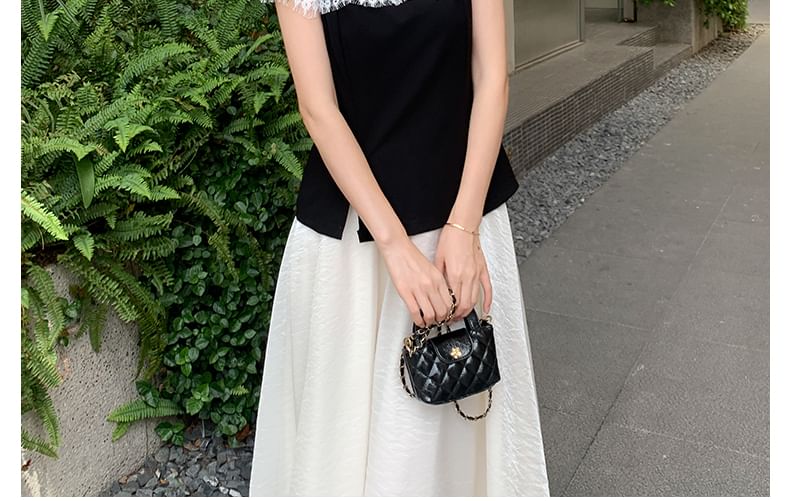 Collared Lace Two-Tone Top & Midi Skirt Set