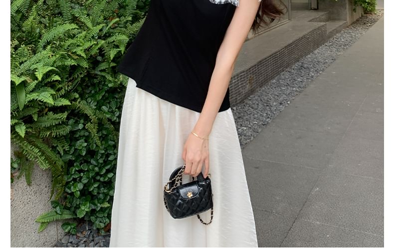Collared Lace Two-Tone Top & Midi Skirt Set