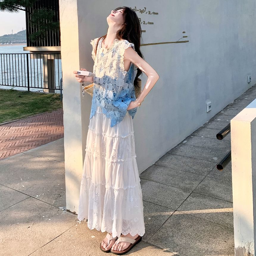 Sleeveless Lace Panel Top & Maxi Skirt Set