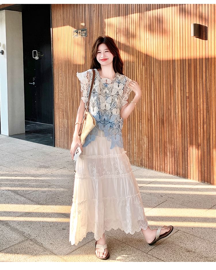 Sleeveless Lace Panel Top & Maxi Skirt Set