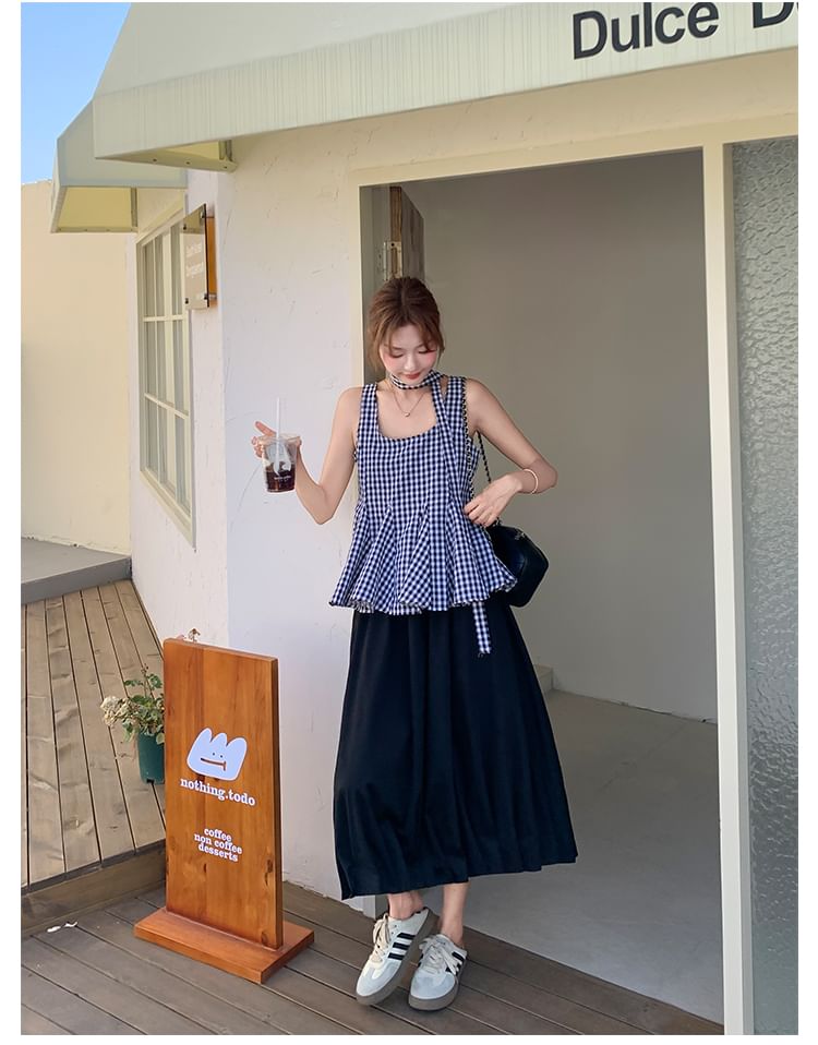 Scoop Neck Plaid Camisole & Midi Skirt Duo