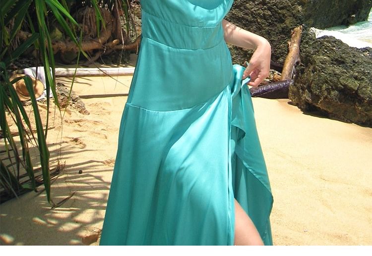 Spaghetti Strap Cowl Neck Plain Open Back Slit Maxi A-Line Dress
