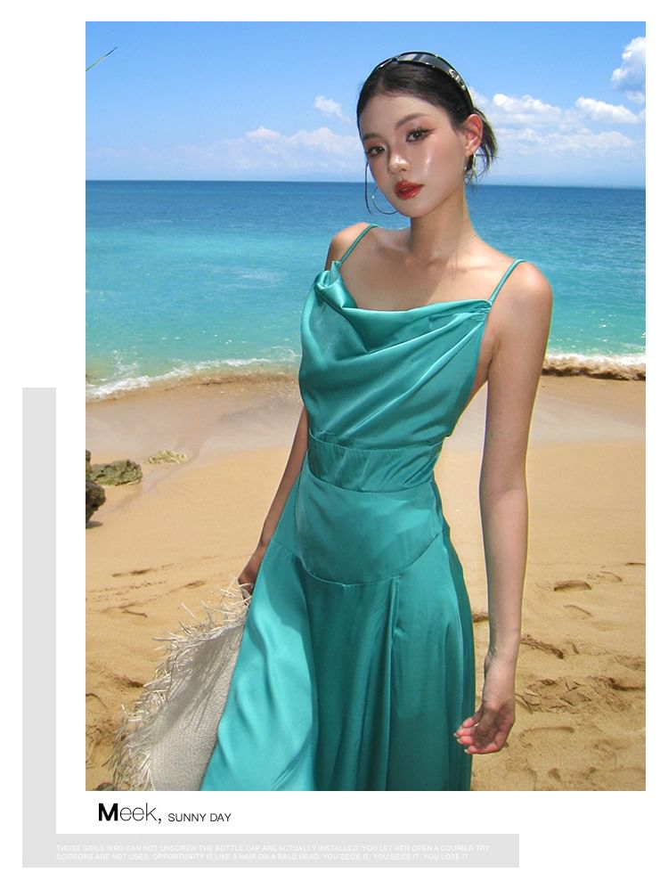 Spaghetti Strap Cowl Neck Plain Open Back Slit Maxi A-Line Dress