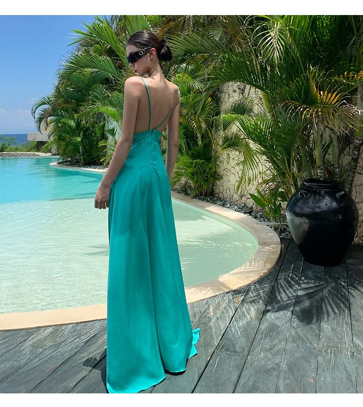 Spaghetti Strap Cowl Neck Plain Open Back Slit Maxi A-Line Dress