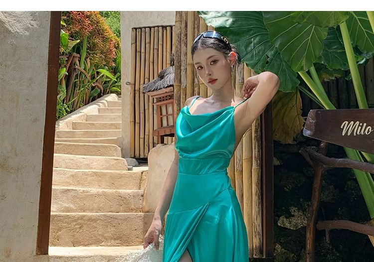 Spaghetti Strap Cowl Neck Plain Open Back Slit Maxi A-Line Dress