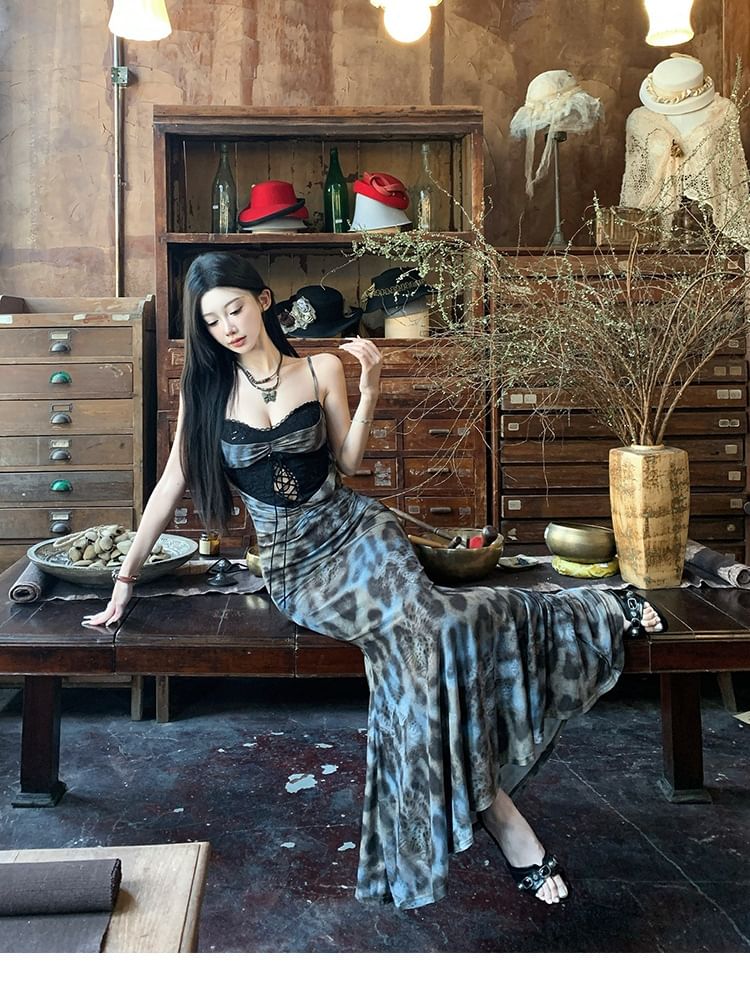 Spaghetti Strap Leopard Print Lace Panel Cutout Ruched Maxi Mermaid Dress