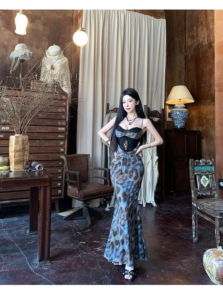Spaghetti Strap Leopard Print Lace Panel Cutout Ruched Maxi Mermaid Dress