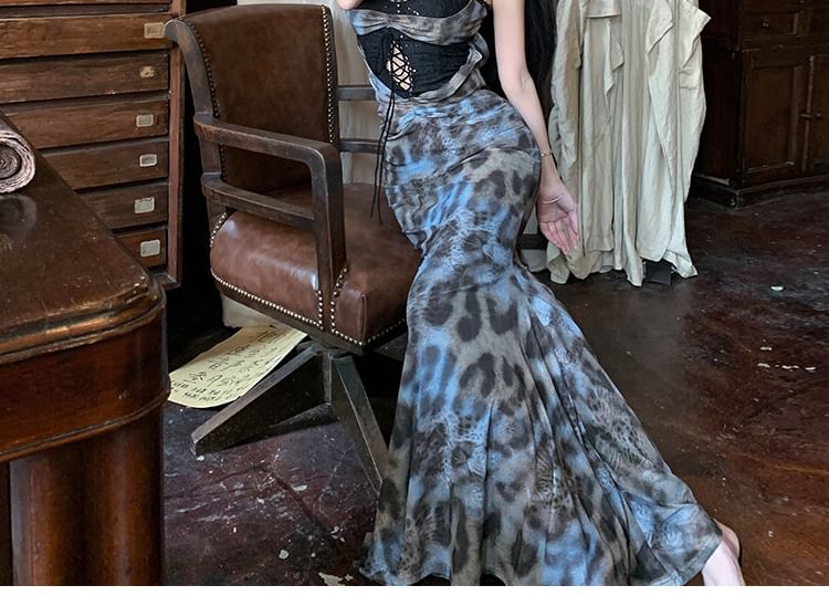 Spaghetti Strap Leopard Print Lace Panel Cutout Ruched Maxi Mermaid Dress