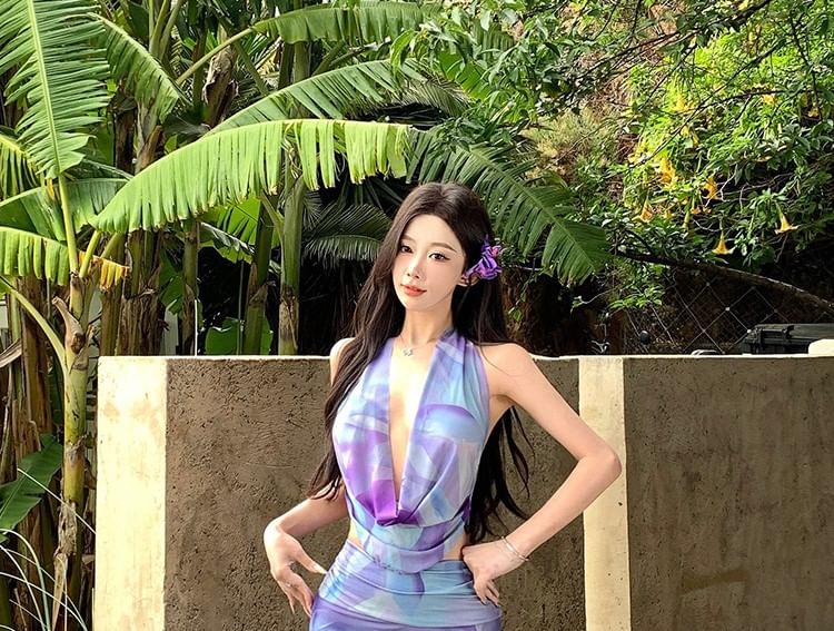 Halter Cowl Tie-Dye Crop Top & Ruched Skirt