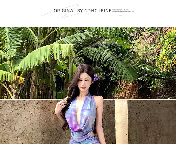 Halter Cowl Tie-Dye Crop Top & Ruched Skirt