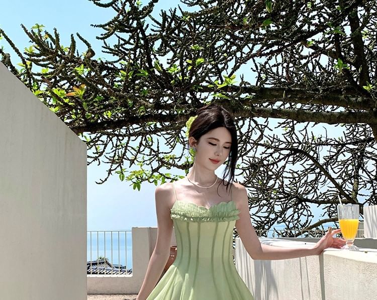 Spaghetti Strap V-Neck Plain Frill Trim Mesh Maxi A-Line Dress