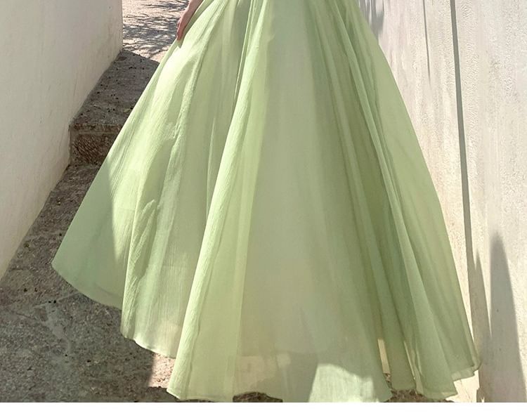 Spaghetti Strap V-Neck Plain Frill Trim Mesh Maxi A-Line Dress