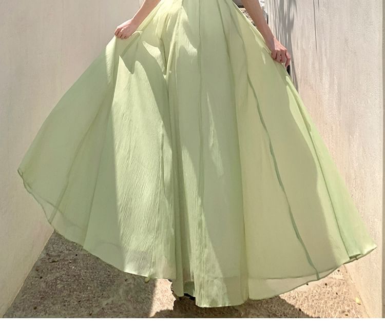 Spaghetti Strap V-Neck Plain Frill Trim Mesh Maxi A-Line Dress