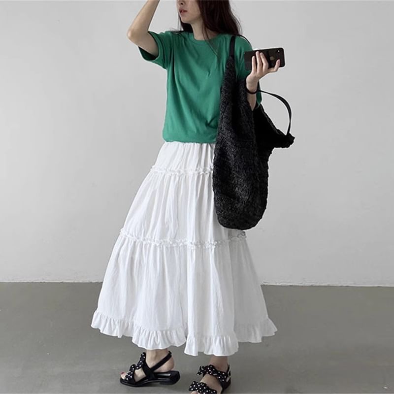 High-Rise Ruffled Layered Midi A-Line Skirt