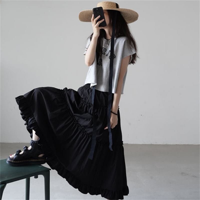 High-Rise Ruffled Layered Midi A-Line Skirt