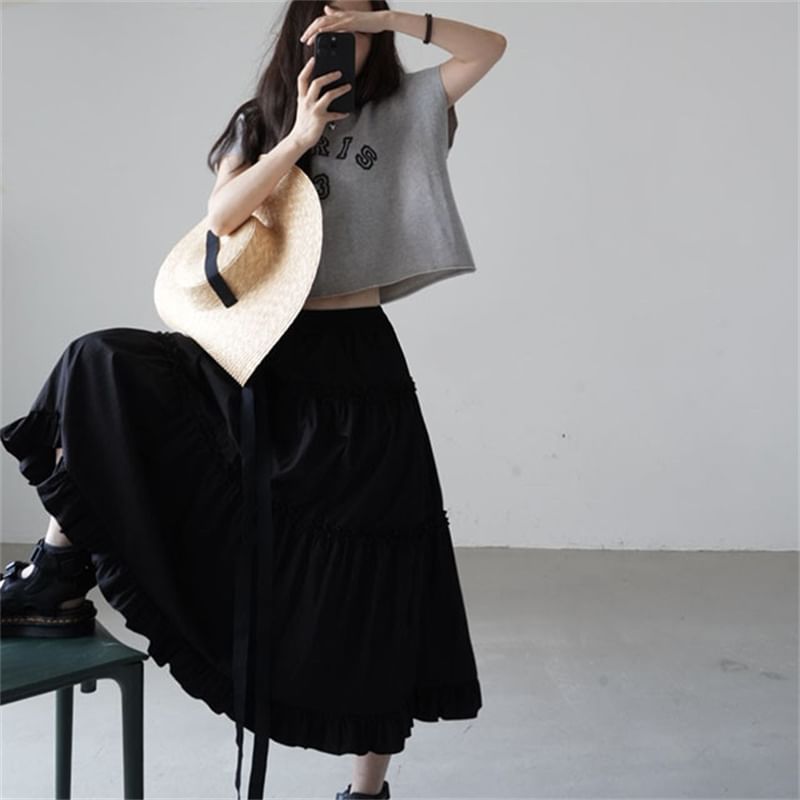 High-Rise Ruffled Layered Midi A-Line Skirt
