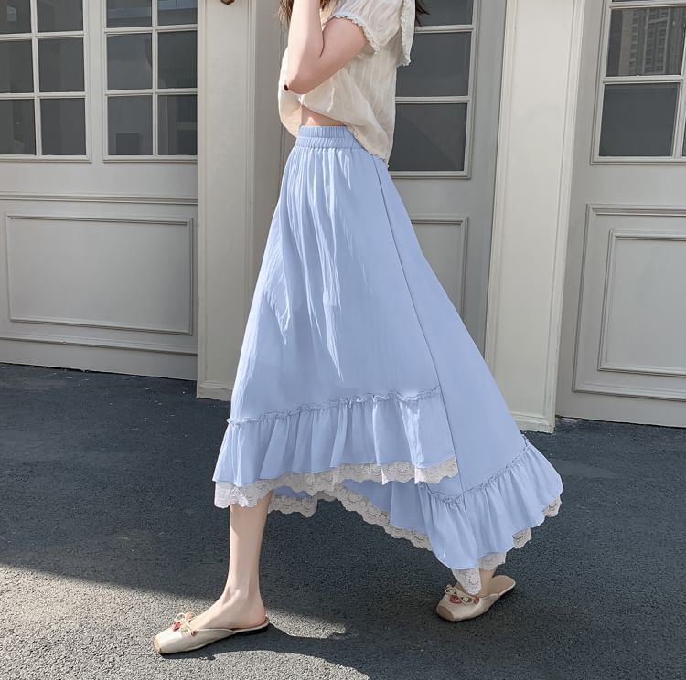 Elastic-Waist Lace-Panel Asymmetric Midi Flared Skirt