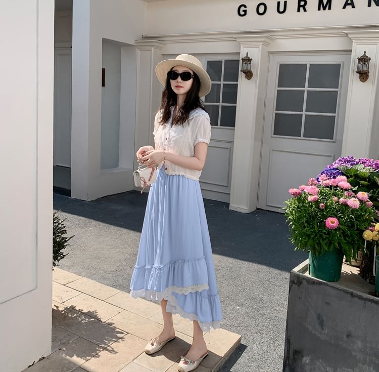Elastic-Waist Lace-Panel Asymmetric Midi Flared Skirt