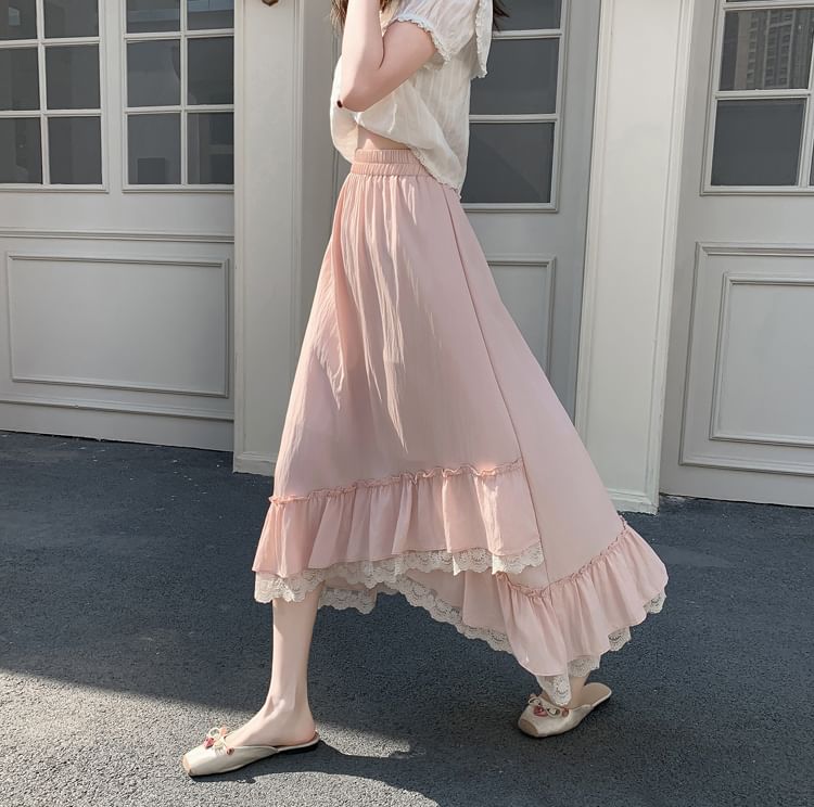 Elastic-Waist Lace-Panel Asymmetric Midi Flared Skirt