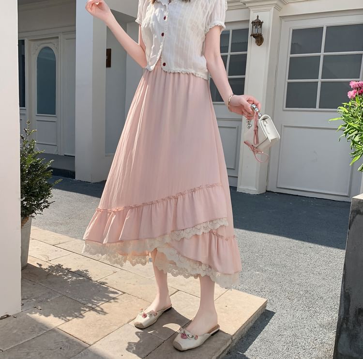 Elastic-Waist Lace-Panel Asymmetric Midi Flared Skirt