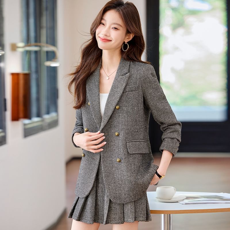 Herringbone Double-Breasted Blazer & Pleated Mini Skirt Set