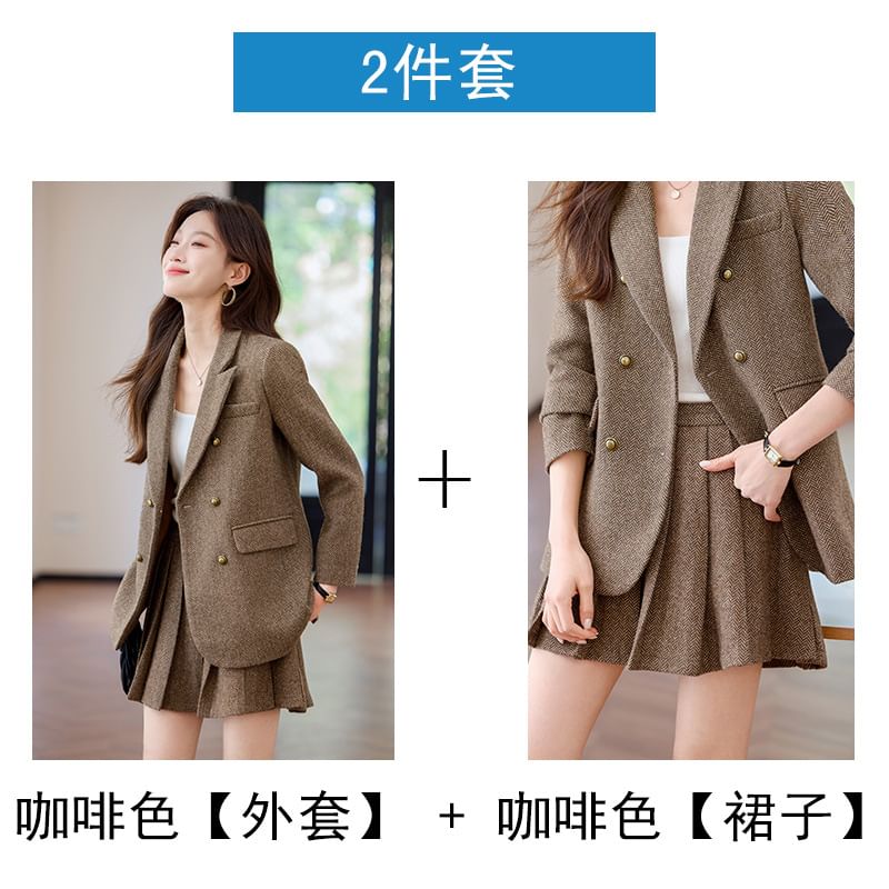 Herringbone Double-Breasted Blazer & Pleated Mini Skirt Set