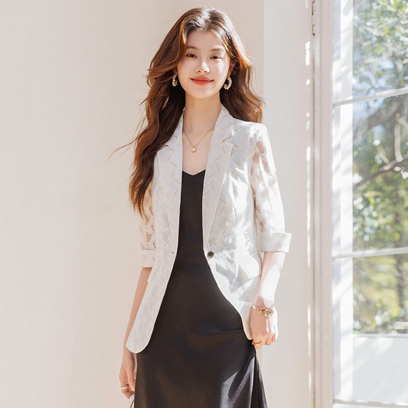 3/4-Sleeve Notch Lapel One-Buttoned Lace Blazer / Spaghetti Strap V-Neck Plain Midi A-Line Dress / Set