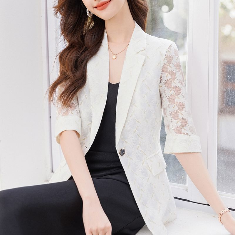3/4-Sleeve Notch Lapel One-Buttoned Lace Blazer / Spaghetti Strap V-Neck Plain Midi A-Line Dress / Set