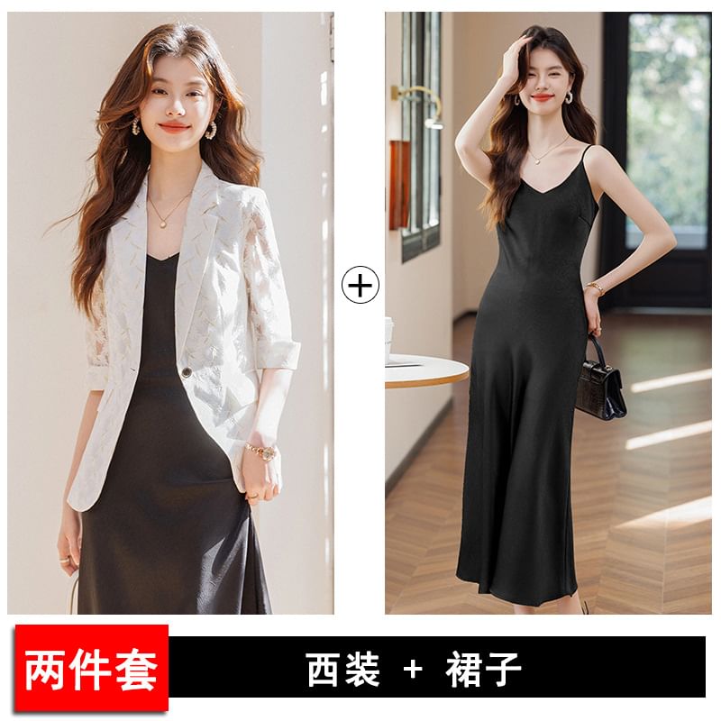 3/4-Sleeve Notch Lapel One-Buttoned Lace Blazer / Spaghetti Strap V-Neck Plain Midi A-Line Dress / Set
