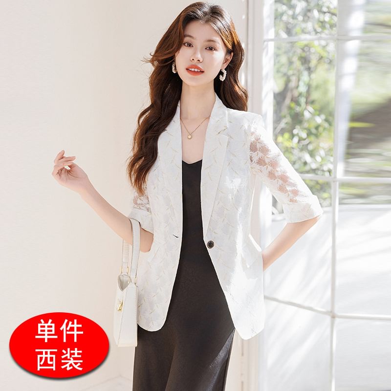 3/4-Sleeve Notch Lapel One-Buttoned Lace Blazer / Spaghetti Strap V-Neck Plain Midi A-Line Dress / Set