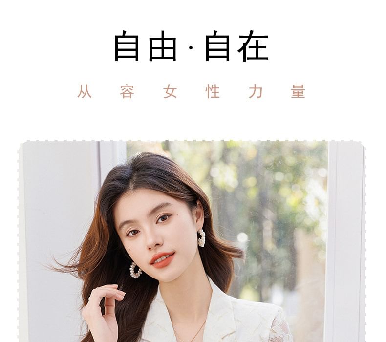 3/4-Sleeve Notch Lapel One-Buttoned Lace Blazer / Spaghetti Strap V-Neck Plain Midi A-Line Dress / Set
