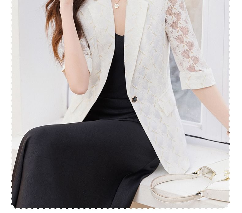 3/4-Sleeve Notch Lapel One-Buttoned Lace Blazer / Spaghetti Strap V-Neck Plain Midi A-Line Dress / Set