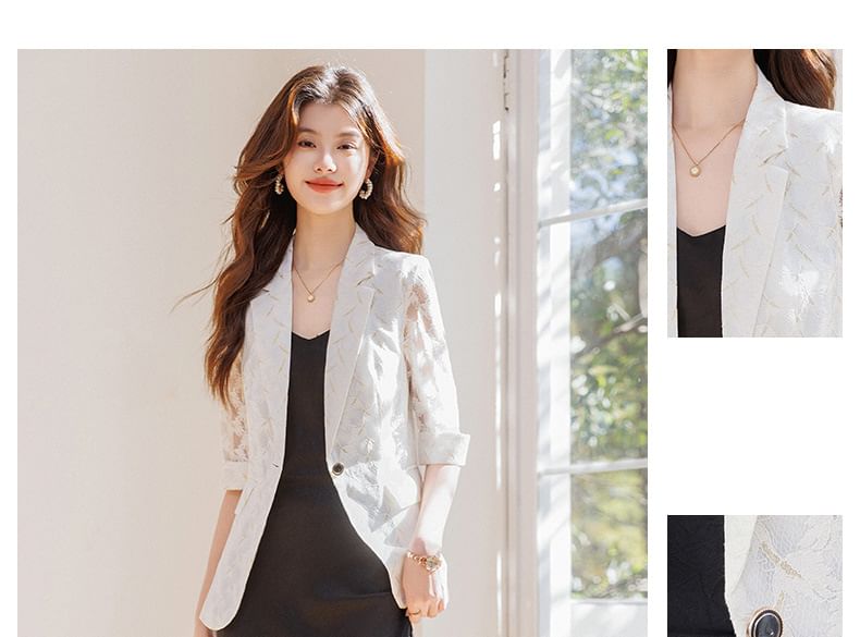 3/4-Sleeve Notch Lapel One-Buttoned Lace Blazer / Spaghetti Strap V-Neck Plain Midi A-Line Dress / Set