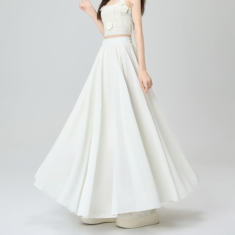 Flowing Solid Long A-Line Skirt with Stretch Waistband