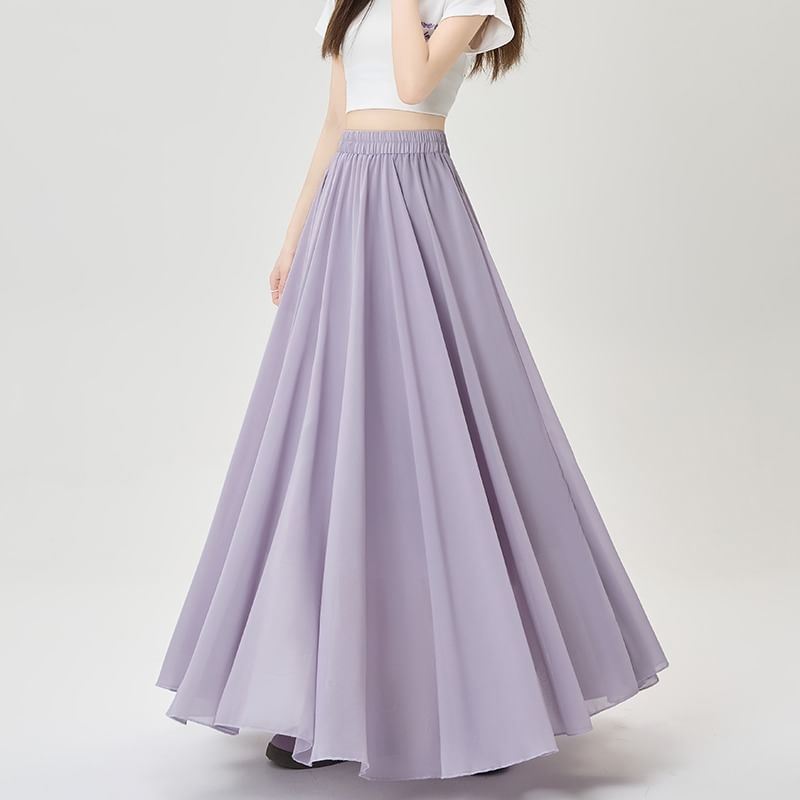 Flowing Solid Long A-Line Skirt with Stretch Waistband