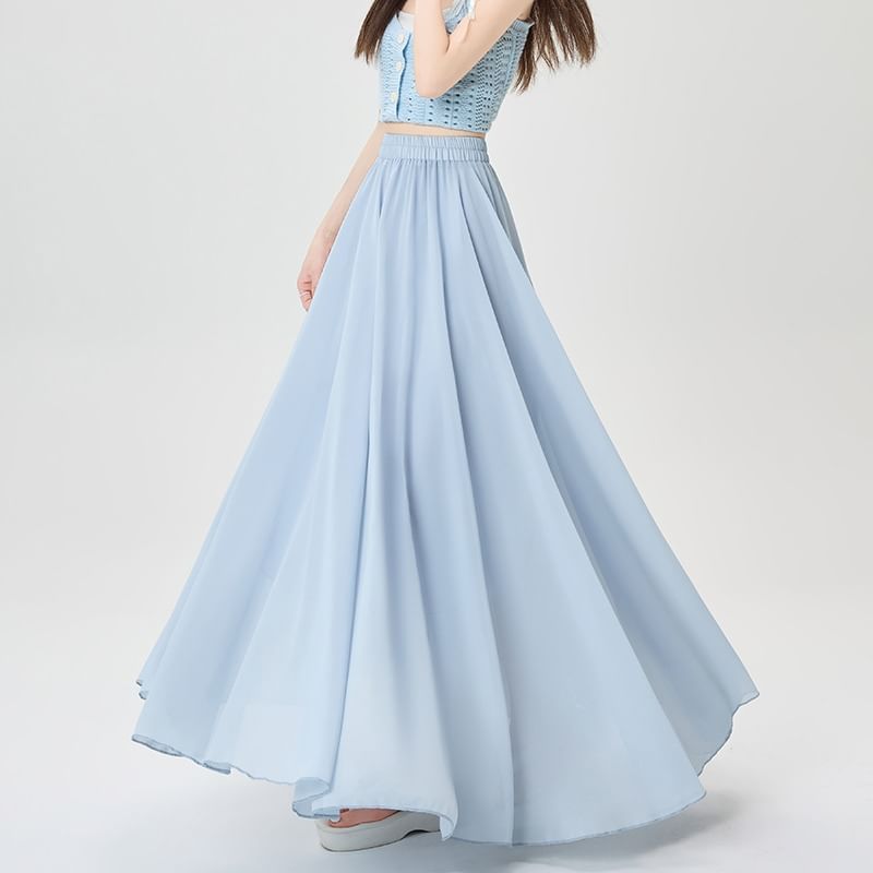 Flowing Solid Long A-Line Skirt with Stretch Waistband