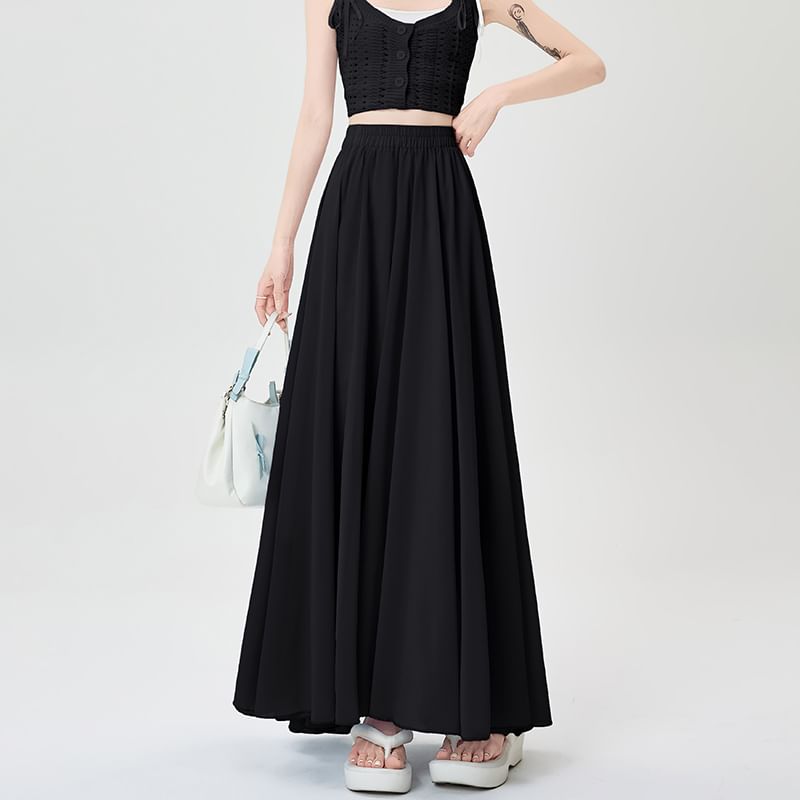 Flowing Solid Long A-Line Skirt with Stretch Waistband