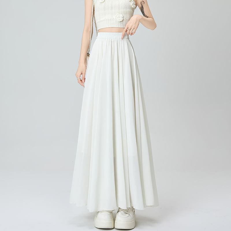 Flowing Solid Long A-Line Skirt with Stretch Waistband