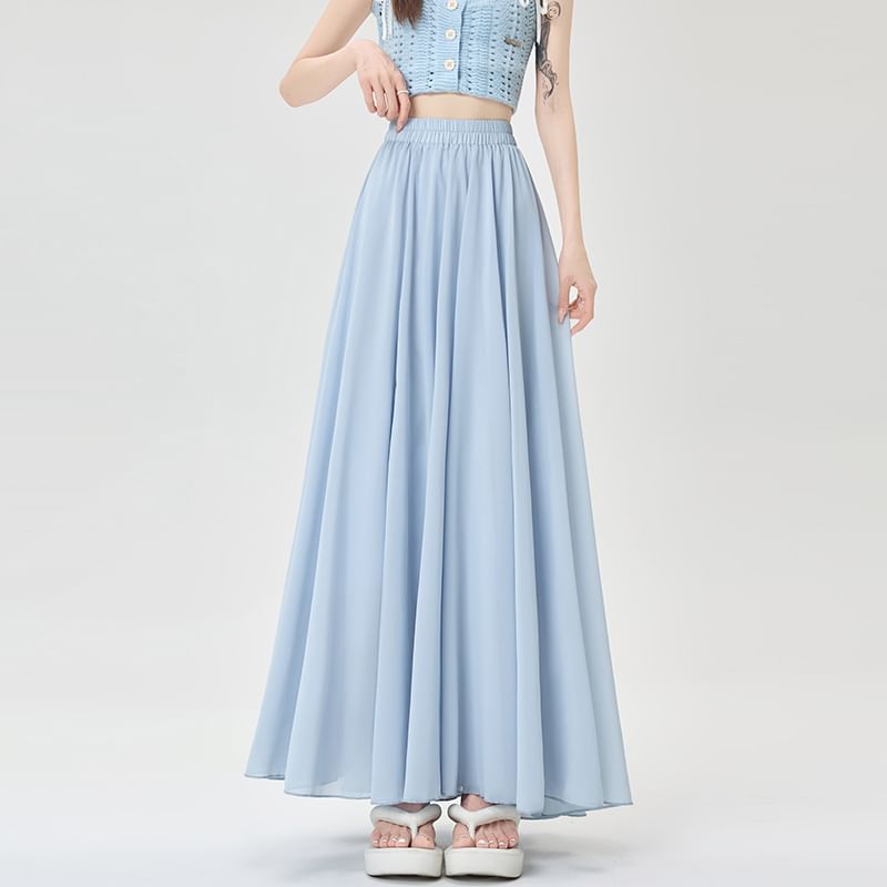 Flowing Solid Long A-Line Skirt with Stretch Waistband