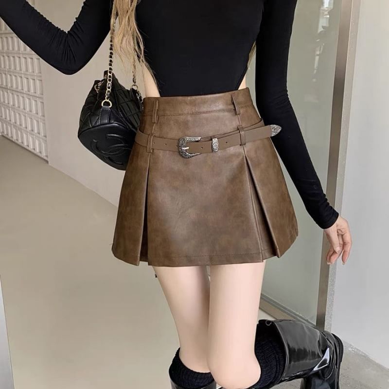 High-Rise Faux Leather Mini A-Line Skirt